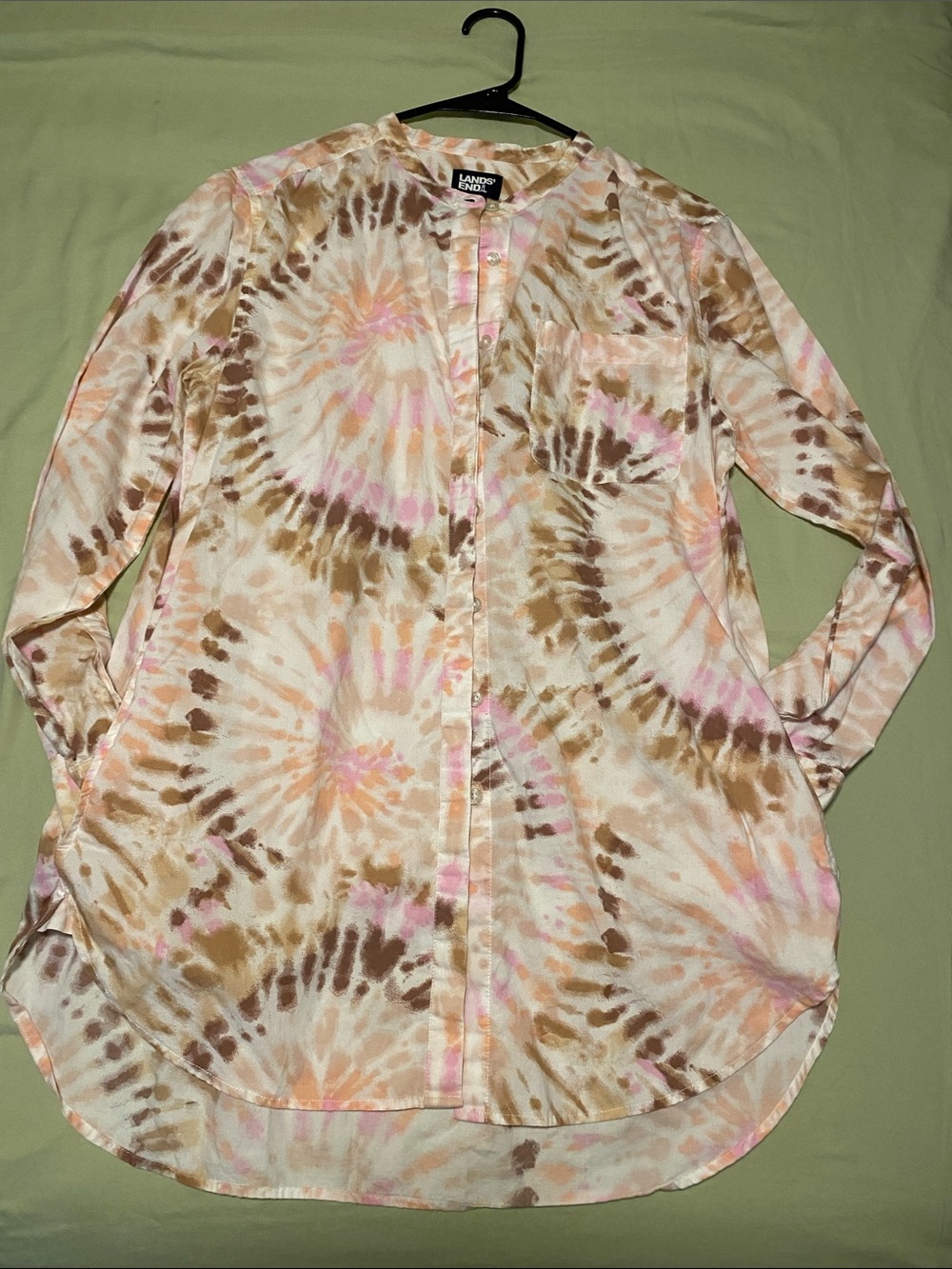 Lands' End Women’s Tie-Dye Long Sleeve long Shirt - Pink & Brown Pockets  size M